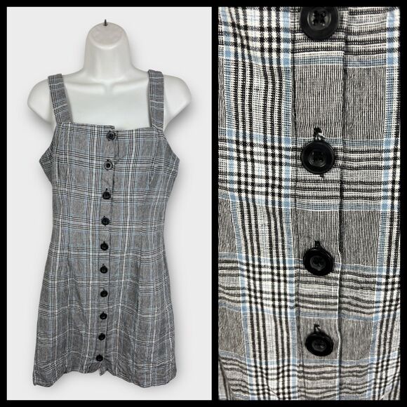 Forever 21 plaid preppy XXS Black White Linen Blend Jumper Dress Clueless Y2K - Picture 1 of 7